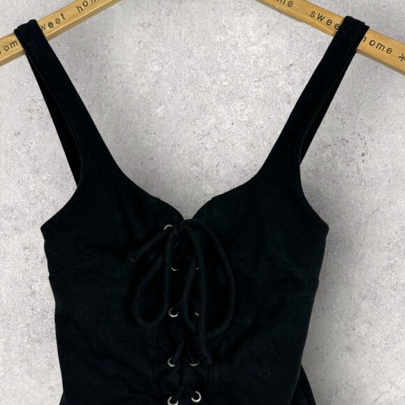 Lulus Black‎ Lace Up Bodysuit Size XS City of Angels Square Neck Plunge Snaps - Picture 7 of 11